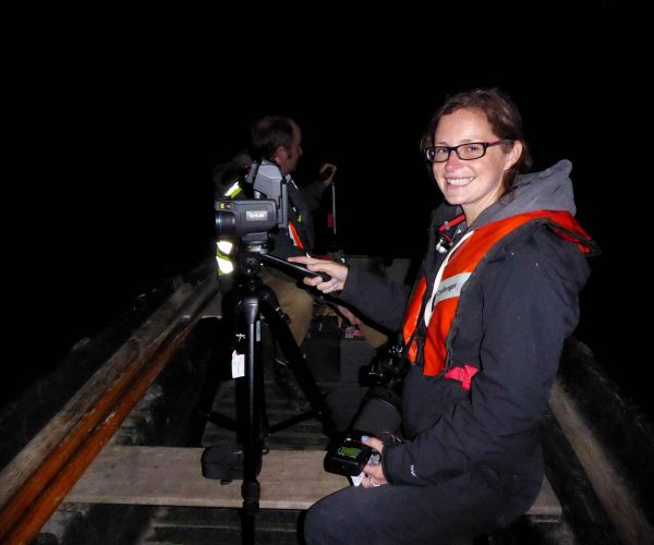 Senior Ecologist Helen Simmons undertaking a thermal imaging survey of Blenheim lake and the Grand Bridge.
